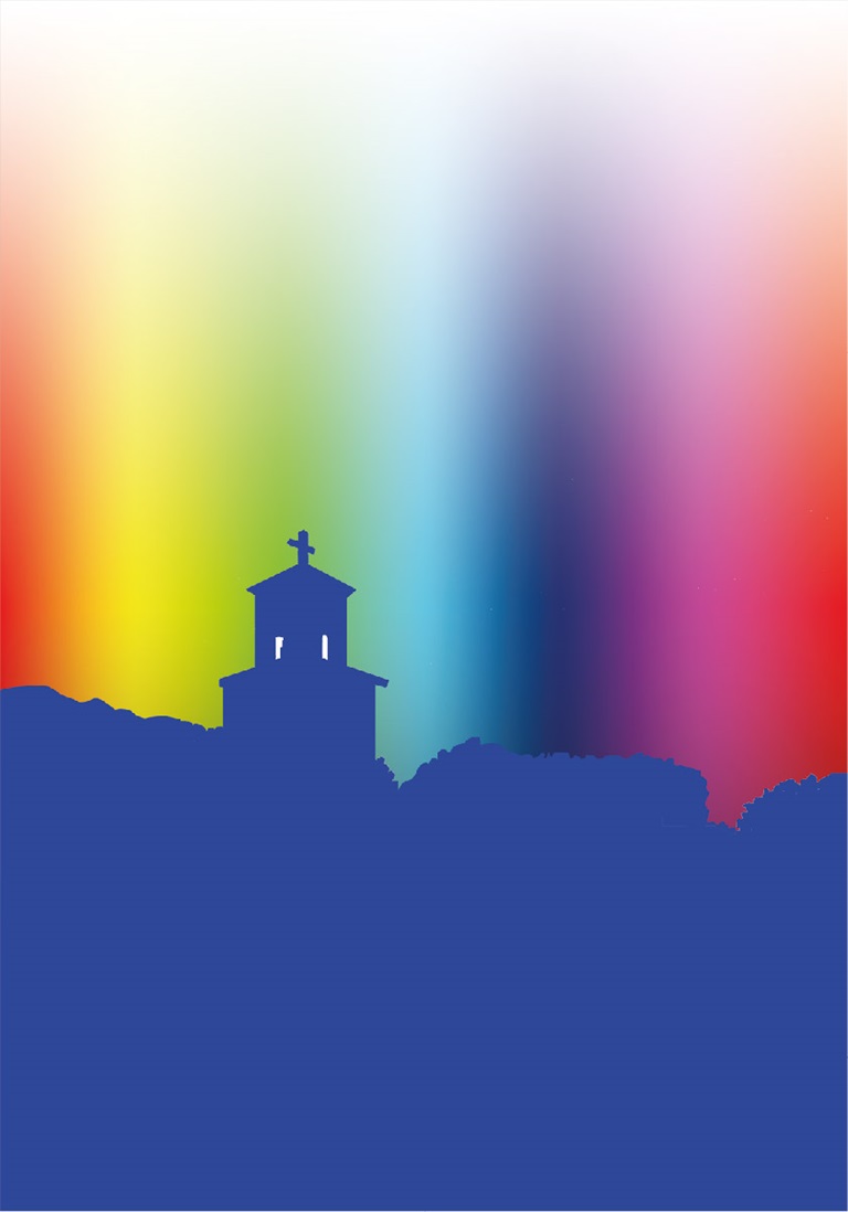 Siluetten av S:t Nicolais klocktorn mot en regnbågsfärgad bakgrund.